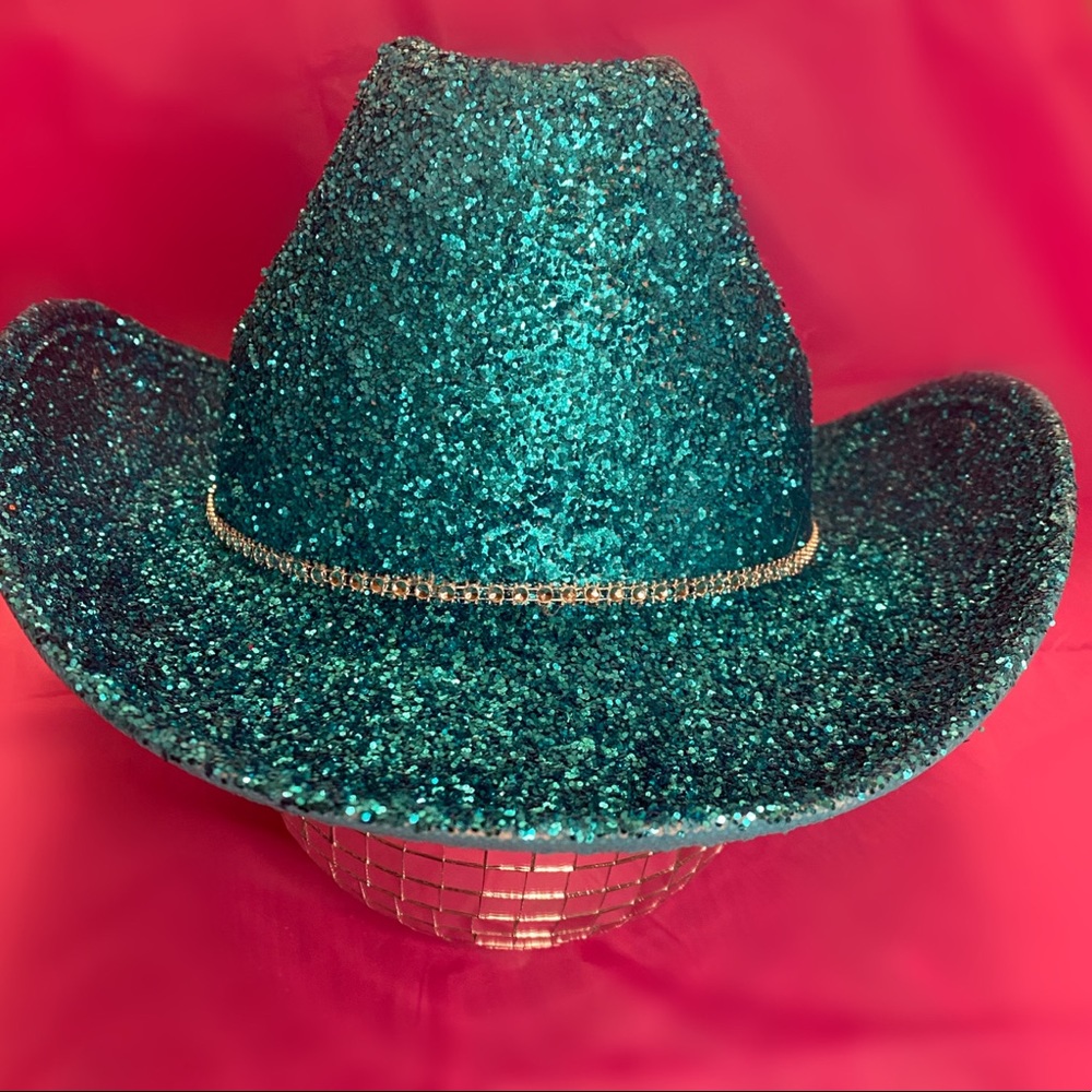 Blue glitter cowboy hat with rhinestone band
